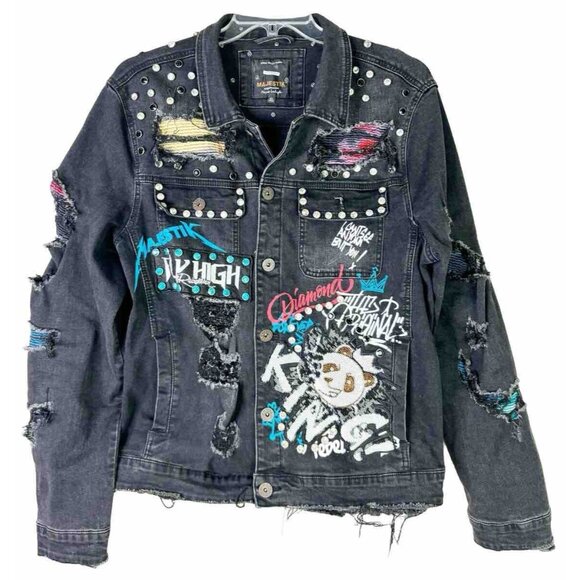 Majestik Denim Set (Jacket XL, Jeans 36x30) Embellished King Panda Destroyed GUC - Picture 2 of 13